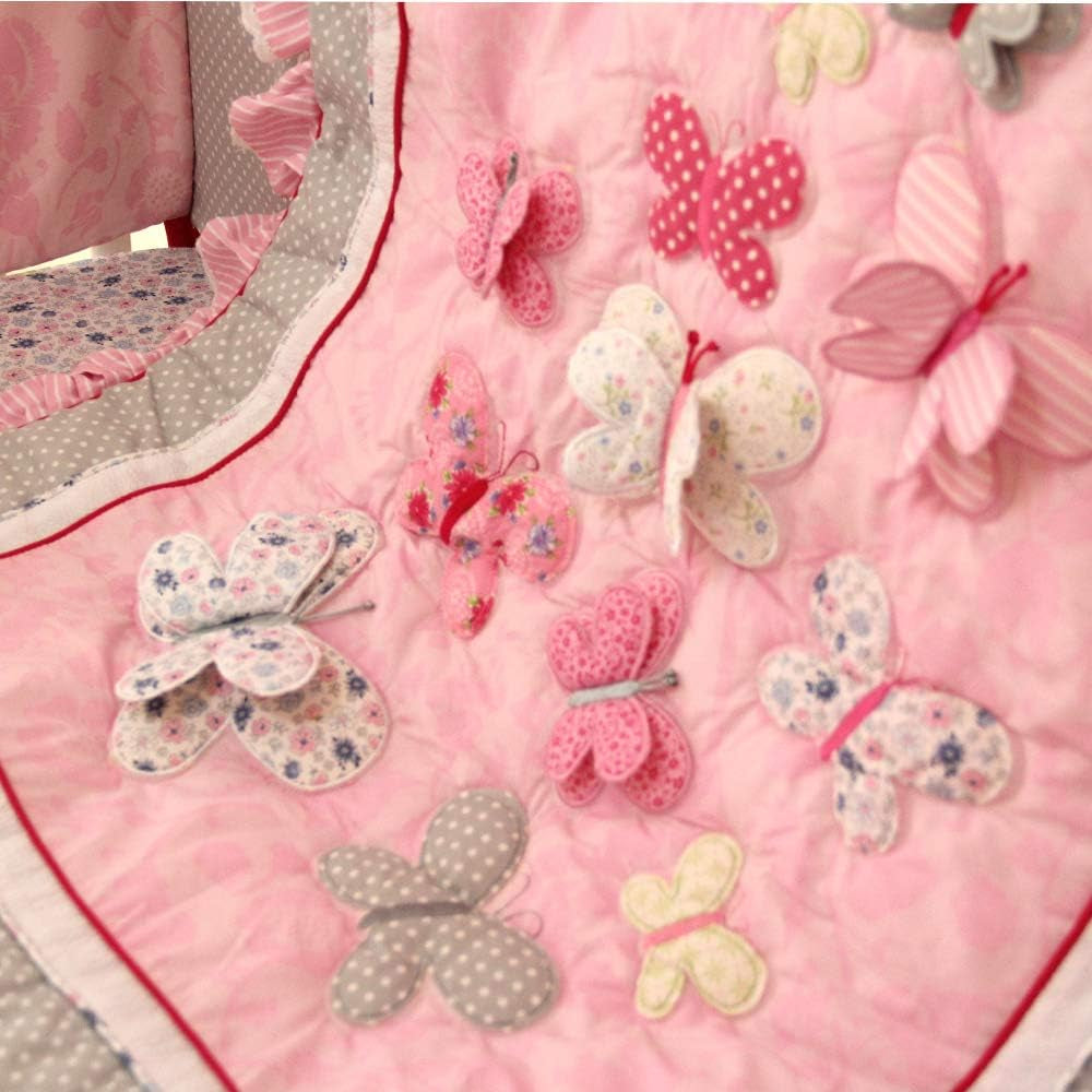 Pink Butterfly Floral Crib Bedding Sets for Girls | 4 Piece Nursery Set | Crib Comforter, Fitted Crib Sheet, Crib Skirt, Diaper Stacker Included