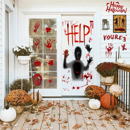 Halloween Bloody Window Clings Posters Bloody Handprint Sticker Party Decoration Haunted House Door Cover Creepy School Dormitory Window Decoration