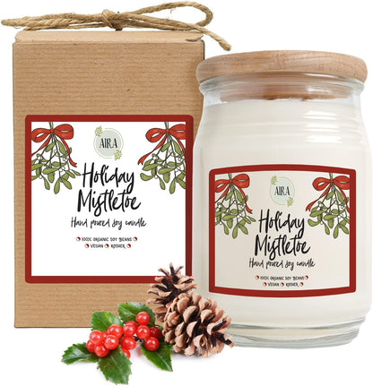 Holiday Soy Candles - Organic, Kosher, Vegan, in Farmhouse Jar W/ Essential Oil Blends - Hand-Poured 100% Soy Candle Wax - Paraffin Free, 150+ Hours - Holiday Mistletoe Christmas Candle -20 Ounce