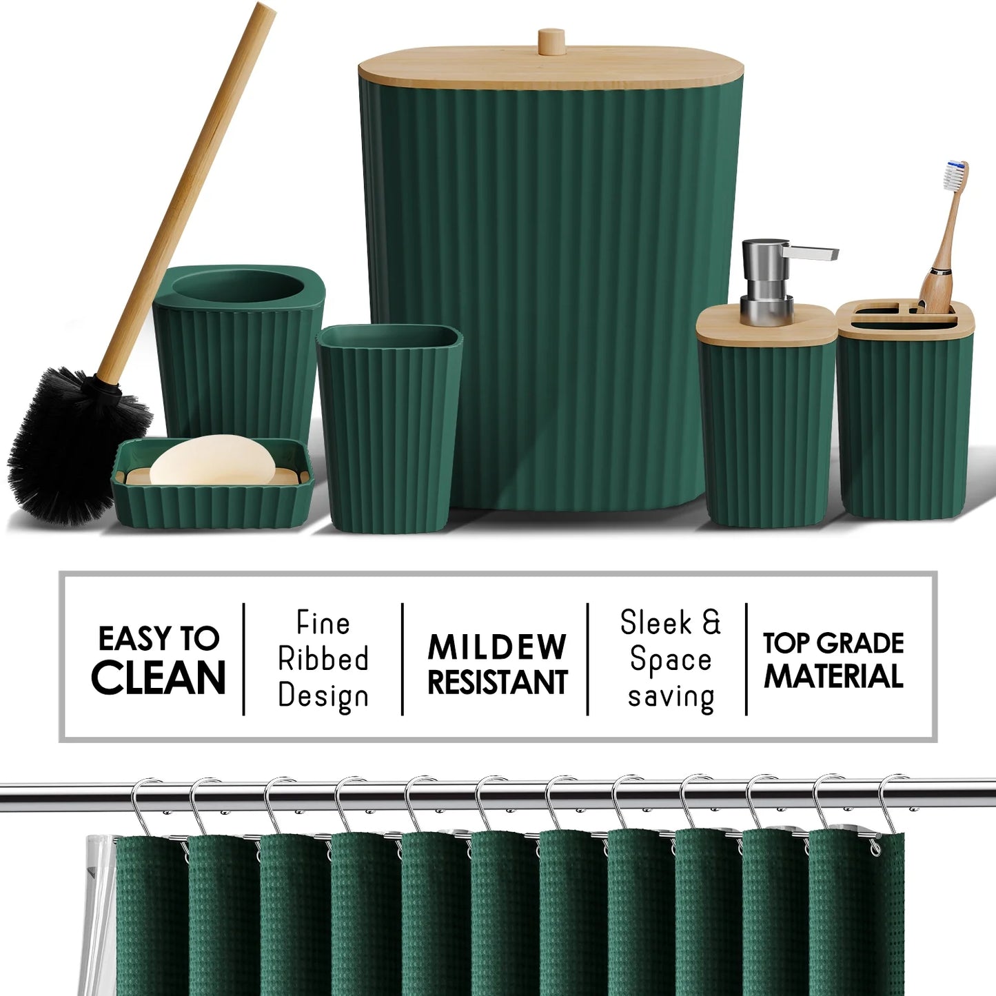 20 Piece Bamboo Bathroom Sets, Hunter Green Bathroom Accessories Sets for Minimalistic Bathroom Décor